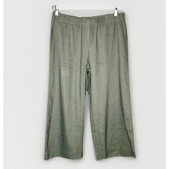 NWOT J.Jill Linen Stretch Pant Medium Petite Green Linen Blend Wide Leg Pockets - Picture 1 of 7